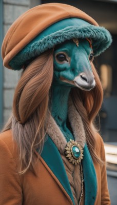 solo,long hair,looking at viewer,hat,brown eyes,jewelry,jacket,upper body,artist name,necklace,blurry,black eyes,no humans,depth of field,blurry background,animal,feathers,brooch,gem,furry,realistic,1girl,brown hair,closed mouth,mole,vest,fur trim,mole under mouth,dog,brown jacket