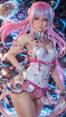 1girl,solo,long hair,breasts,looking at viewer,smile,bangs,blue eyes,cleavage,hair between eyes,bare shoulders,twintails,jewelry,medium breasts,closed mouth,blue hair,standing,pink hair,multicolored hair,cowboy shot,earrings,shorts,sleeveless,belt,nail polish,bracelet,two-tone hair,lips,see-through,hand on hip,wrist cuffs,grey eyes,short shorts,ring,armlet,realistic,braid,thighs,artist name,watermark,zipper