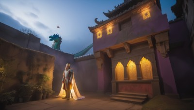 solo,1boy,standing,male focus,boots,outdoors,horns,sky,day,cloud,from behind,cape,armor,tree,building,scenery,stairs,dragon,architecture,east asian architecture,eastern dragon,blue sky,plant,white cape