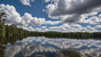 outdoors,sky,day,cloud,water,tree,blue sky,no humans,cloudy sky,nature,scenery,forest,reflection,landscape,lake,reflective water,mountain