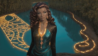 1girl,solo,long hair,breasts,looking at viewer,smile,blue eyes,brown hair,black hair,long sleeves,dress,cleavage,jewelry,medium breasts,closed mouth,upper body,earrings,dark skin,water,necklace,dark-skinned female,lips,makeup,blue dress,gem,reflection,curly hair,arms at sides,ripples,dreadlocks,mole,grey eyes,wavy hair,hoop earrings,plunging neckline