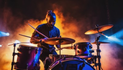 solo,1boy,male focus,single hair bun,fire,instrument,realistic,music,guitar,playing instrument,drum,drumsticks,drum set,shirt,black hair,dark skin,facial hair,dark-skinned male,microphone stand,keyboard (instrument)