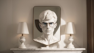 solo,looking at viewer,short hair,blue eyes,blonde hair,1boy,collarbone,monochrome,male focus,glasses,indoors,reflection,spot color,mirror,realistic,lamp,closed mouth,white hair,lips,portrait,round eyewear,sepia