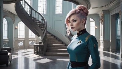 1girl,solo,breasts,looking at viewer,blue eyes,blonde hair,long sleeves,medium breasts,closed mouth,upper body,pink hair,indoors,hair bun,uniform,lips,military,window,military uniform,makeup,chair,single hair bun,blue jacket,stairs,church,smile,short hair,jewelry,earrings,artist name,lipstick,realistic