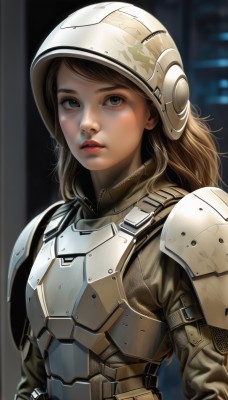 1girl,solo,long hair,looking at viewer,blonde hair,brown hair,brown eyes,upper body,parted lips,armor,blurry,lips,grey eyes,blurry background,helmet,shoulder armor,pauldrons,breastplate,realistic,red lips,full armor,power armor,plate armor,bangs,teeth,science fiction,nose