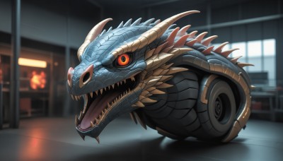 HQ,solo,open mouth,red eyes,horns,teeth,indoors,blurry,no humans,blurry background,fangs,fire,sharp teeth,ground vehicle,motor vehicle,monster,dragon,car,scales,orange eyes,colored sclera