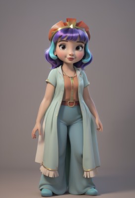 1girl,solo,looking at viewer,smile,short hair,bangs,simple background,shirt,hat,brown eyes,jewelry,closed mouth,blue hair,standing,full body,purple hair,short sleeves,multicolored hair,open clothes,shoes,belt,pants,blunt bangs,grey background,necklace,nail polish,lips,coat,child,personification,blue footwear,blue pants,female child,brown belt,blush,hair ornament,jacket,open jacket,red nails,jeans,arms at sides