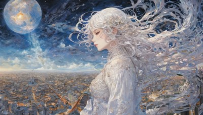 1girl,solo,long hair,breasts,hair ornament,long sleeves,dress,medium breasts,very long hair,closed mouth,closed eyes,upper body,flower,white hair,outdoors,sky,cloud,hair flower,white dress,from side,lips,eyelashes,profile,night,floating hair,wavy hair,moon,cloudy sky,wind,building,star (sky),night sky,scenery,full moon,starry sky,city,cityscape,planet,city lights,blue sky,fantasy,horizon,surreal