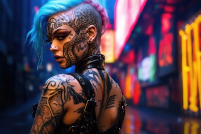 1girl,solo,short hair,bangs,blue eyes,bare shoulders,jewelry,closed mouth,blue hair,upper body,ponytail,weapon,earrings,outdoors,choker,looking back,from behind,blurry,gun,tattoo,blurry background,piercing,ear piercing,arm tattoo,shoulder tattoo,undercut,facial tattoo,mohawk,cyberpunk,neck tattoo,back tattoo,nose piercing,neon lights,closed eyes,alternate costume,dark skin,collar,dark-skinned female,lips,makeup,nose,facepaint