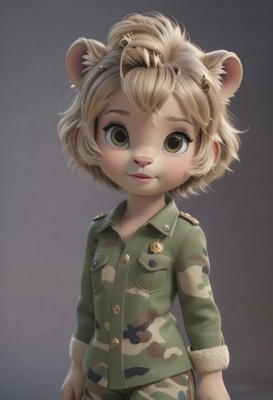 1girl,solo,looking at viewer,smile,short hair,blonde hair,simple background,hair ornament,long sleeves,animal ears,brown eyes,closed mouth,yellow eyes,cowboy shot,hairband,hairclip,pants,grey background,uniform,fur trim,military,military uniform,buttons,child,furry,freckles,green shirt,furry female,female child,camouflage,shirt,lips,extra ears