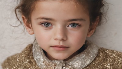 1girl,solo,looking at viewer,short hair,brown hair,shirt,1boy,closed mouth,male focus,collared shirt,black eyes,lips,grey eyes,child,portrait,close-up,freckles,realistic,nose,male child,eyelashes,expressionless