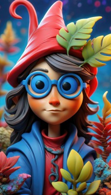 1girl,solo,long hair,looking at viewer,smile,blue eyes,brown hair,shirt,black hair,hat,jacket,upper body,flower,open clothes,glasses,artist name,blurry,witch hat,blurry background,leaf,blue jacket,red headwear,freckles,blue-framed eyewear,hood,watermark,goggles,web address