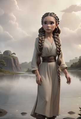 1girl,solo,long hair,looking at viewer,brown hair,long sleeves,brown eyes,very long hair,closed mouth,standing,braid,boots,outdoors,parted lips,sky,cloud,water,black eyes,twin braids,tree,lips,grey eyes,sash,cloudy sky,hair over shoulder,forehead,wading,robe,rock,mountain,arms at sides,fog,blush,dress,japanese clothes,belt,artist name,sunlight,freckles,lake