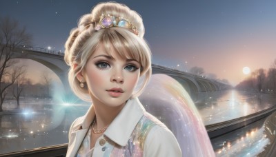 1girl,solo,long hair,looking at viewer,bangs,blue eyes,blonde hair,dress,jewelry,upper body,braid,earrings,outdoors,parted lips,sky,water,necklace,hair bun,tree,lips,eyelashes,sparkle,night,watermark,moon,single hair bun,tiara,gem,star (sky),lens flare,reflection,realistic,sun,bridge,bare tree,river,lake,princess,shirt,wings,makeup,sunset,pearl necklace