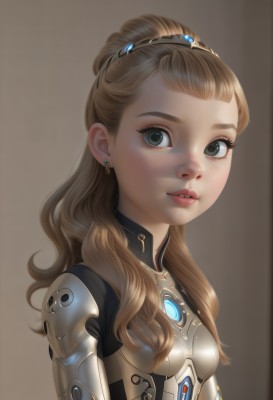 1girl,solo,long hair,looking at viewer,blue eyes,simple background,brown hair,jewelry,upper body,earrings,small breasts,parted lips,armor,lips,eyelashes,bodysuit,makeup,freckles,brown background,science fiction,nose,cyborg,breasts,bangs,hair ornament,ponytail,teeth,realistic,hair pulled back