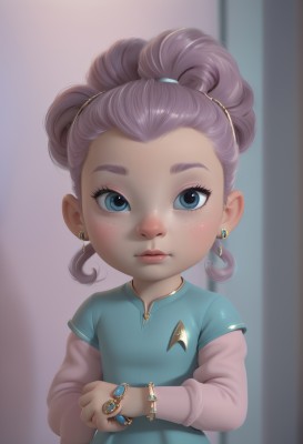 1girl,solo,looking at viewer,blush,blue eyes,long sleeves,dress,jewelry,closed mouth,upper body,purple hair,short sleeves,earrings,bracelet,lips,eyelashes,blue dress,ring,child,freckles,curly hair,female child,layered sleeves,short over long sleeves,shirt,ponytail,artist name,gem,realistic,hair pulled back