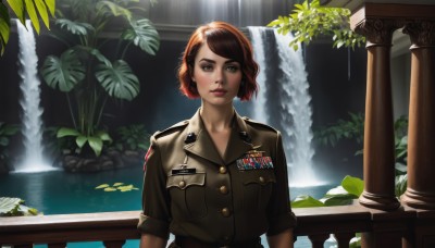 1girl,solo,looking at viewer,short hair,bangs,brown hair,brown eyes,closed mouth,jacket,upper body,water,uniform,lips,military,military uniform,buttons,swept bangs,leaf,plant,sleeves rolled up,pocket,realistic,nose,breast pocket,badge,pillar,waterfall,lily pad,red hair,outdoors,military jacket,leather jacket