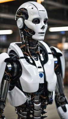 1girl,solo,looking at viewer,red eyes,upper body,blurry,no humans,blurry background,robot,mecha,1other,science fiction,realistic,android,joints,cable,cyborg,robot joints,cyberpunk,mechanical parts,humanoid robot,open mouth,machinery,mechanical arms,skeleton