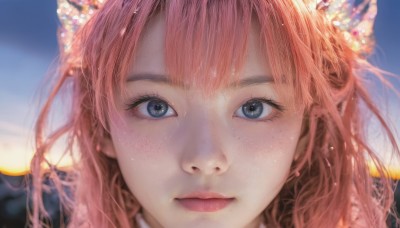 1girl,solo,long hair,looking at viewer,bangs,blue eyes,hair ornament,closed mouth,pink hair,outdoors,parted lips,sky,day,blurry,black eyes,lips,grey eyes,eyelashes,depth of field,blurry background,sunlight,portrait,close-up,freckles,realistic,nose,orange hair,blue sky,straight-on