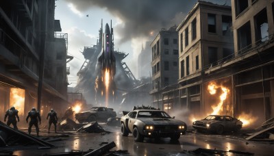 HQ,weapon,outdoors,multiple boys,sky,day,cloud,gun,military,cloudy sky,fire,ground vehicle,building,scenery,motor vehicle,smoke,science fiction,6+boys,city,aircraft,car,road,explosion,ruins,multiple others,vehicle focus,street,firing,debris,burning,destruction,truck,helmet,realistic,battle,soldier,helicopter