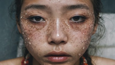 1girl,solo,long hair,looking at viewer,black hair,brown eyes,closed mouth,braid,parted lips,blurry,twin braids,lips,wet,portrait,close-up,freckles,realistic,nose,red lips,wet hair,jewelry,sweat,earrings,eyelashes