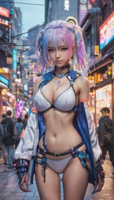 1girl,long hair,breasts,looking at viewer,blue eyes,large breasts,gloves,navel,cleavage,bare shoulders,twintails,jewelry,medium breasts,blue hair,jacket,swimsuit,pink hair,purple hair,bikini,multicolored hair,earrings,outdoors,multiple boys,open clothes,solo focus,choker,black gloves,belt,fingerless gloves,necklace,nail polish,blurry,two-tone hair,lips,blurry background,white bikini,piercing,city,realistic,navel piercing,street,cyberpunk,solo,bangs,hair ornament,ribbon,standing,hair ribbon,thighs,cowboy shot,parted lips,day,off shoulder,stomach,collar,open jacket,watermark,ring,building,ear piercing,web address,road,city lights,neon lights