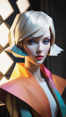 1girl,solo,looking at viewer,short hair,bangs,blue eyes,closed mouth,jacket,upper body,white hair,lips,eyelashes,makeup,swept bangs,colored skin,lipstick,multicolored clothes,eyeshadow,nose,red lips,blonde hair,shirt,white shirt,artist name,signature,eyeliner,head fins,mascara,fins,fish girl