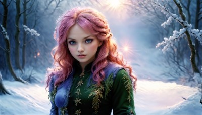 HQ,1girl,solo,long hair,breasts,looking at viewer,blue eyes,dress,upper body,pink hair,braid,outdoors,parted lips,day,blurry,tree,lips,eyelashes,makeup,depth of field,wavy hair,sunlight,nature,snow,forest,curly hair,green dress,snowing,mountain,realistic,winter,bare tree,pine tree,artist name,watermark,web address