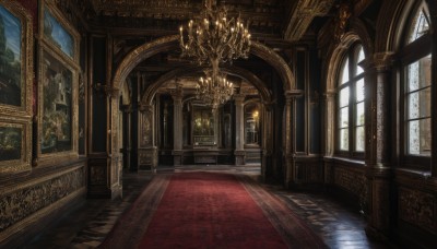 day,indoors,tree,no humans,window,sunlight,scenery,stairs,door,candle,architecture,pillar,painting (object),carpet,church,arch,candlestand,chandelier,column,fire,plant,wooden floor,fantasy,tile floor,picture frame,statue,rug,fireplace,portrait (object)