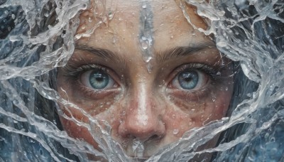 1girl,solo,looking at viewer,blue eyes,black hair,water,lips,eyelashes,portrait,close-up,reflection,realistic,waves,eye focus,freckles,water drop,splashing,straight-on