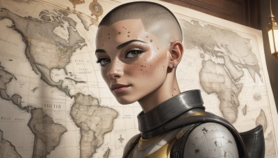 solo,looking at viewer,smile,short hair,1boy,brown eyes,jewelry,upper body,male focus,earrings,dark skin,armor,mole,lips,piercing,shoulder armor,ear piercing,portrait,freckles,pauldrons,breastplate,realistic,stud earrings,bald,very short hair,map,buzz cut,1girl,closed mouth,from side,nose