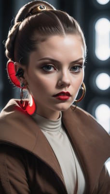 1girl,solo,looking at viewer,short hair,brown hair,shirt,hair ornament,jewelry,closed mouth,jacket,white shirt,upper body,earrings,artist name,hair bun,blurry,black eyes,lips,coat,grey eyes,eyelashes,makeup,blurry background,watermark,piercing,single hair bun,lipstick,forehead,brown jacket,hoop earrings,realistic,nose,red lips,brown coat,signature,depth of field,ear piercing,portrait,eyeshadow,backlighting,eyeliner,bokeh