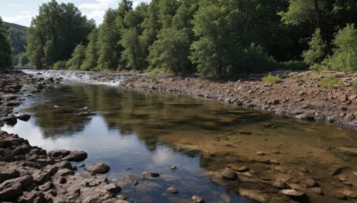 outdoors,sky,day,cloud,water,tree,blue sky,no humans,sunlight,nature,scenery,forest,reflection,rock,river,landscape,lake,stream,cloudy sky,reflective water