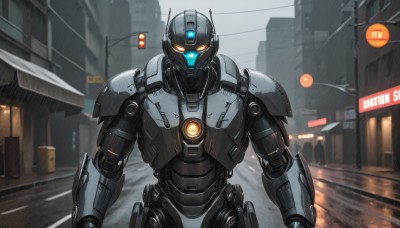 solo,looking at viewer,1boy,upper body,outdoors,armor,orange eyes,no humans,glowing,robot,building,mecha,glowing eyes,science fiction,rain,city,sign,realistic,road,straight-on,police,street,power armor,humanoid robot,traffic light,weapon,ground vehicle,motor vehicle