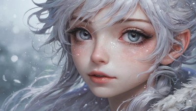 1girl,solo,long hair,looking at viewer,bangs,blue eyes,white hair,parted lips,artist name,blurry,lips,grey eyes,fur trim,eyelashes,depth of field,blurry background,portrait,snow,close-up,freckles,snowing,realistic,nose,winter,braid,grey hair,signature,feathers,wind