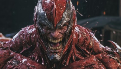 solo,looking at viewer,open mouth,red eyes,1boy,upper body,male focus,teeth,tongue,armor,blurry,blurry background,helmet,claws,monster,realistic,red skin,no humans,colored skin,fangs,sharp teeth,alien