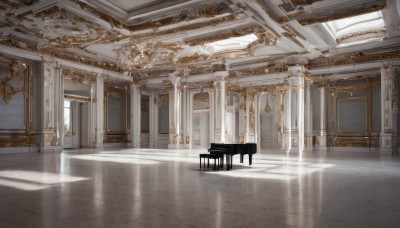 day,indoors,no humans,window,shadow,chair,sunlight,instrument,scenery,reflection,light rays,stairs,door,sunbeam,tile floor,pillar,piano,reflective floor,column,grand piano,table,tiles,chandelier