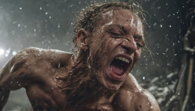 solo,open mouth,1boy,closed eyes,upper body,male focus,teeth,dark skin,blurry,wet,facial hair,dark-skinned male,snowing,realistic,wet hair,manly,shouting,screaming,collarbone,muscular,blurry background,angry,rain,veins,topless male