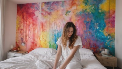 1girl,solo,long hair,brown hair,shirt,black hair,sitting,closed mouth,closed eyes,white shirt,short sleeves,indoors,tree,lips,pillow,bed,bed sheet,leaf,on bed,wavy hair,v arms,realistic,blanket,lamp,bedroom,blonde hair,dress,white dress,scenery