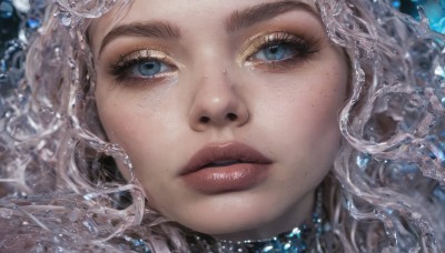 1girl,solo,long hair,looking at viewer,blue eyes,jewelry,white hair,grey hair,parted lips,teeth,artist name,blurry,lips,eyelashes,makeup,watermark,gem,portrait,web address,close-up,freckles,realistic,nose,red lips,blonde hair,water