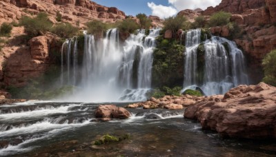 outdoors,sky,day,cloud,water,tree,blue sky,no humans,nature,scenery,rock,river,waterfall,cliff,moss,cloudy sky,forest,mountain,landscape