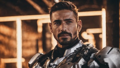 solo,looking at viewer,short hair,brown hair,black hair,1boy,brown eyes,closed mouth,upper body,male focus,dark skin,armor,blurry,black eyes,blurry background,facial hair,dark-skinned male,portrait,beard,science fiction,realistic,mustache,manly,animification,undercut,cyborg,scar,thick eyebrows,very short hair,power armor