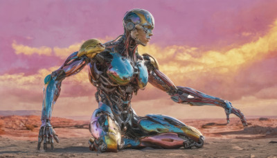 solo, outdoors, sky, cloud, kneeling, robot, science fiction, sunset, realistic, one knee, desert, humanoid robot