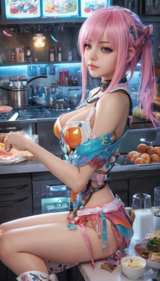 1girl,solo,long hair,breasts,looking at viewer,smile,bangs,blue eyes,skirt,large breasts,hair ornament,holding,cleavage,bare shoulders,twintails,medium breasts,sitting,closed mouth,ponytail,pink hair,sidelocks,thighs,boots,parted lips,food,shorts,hairclip,midriff,shiny,belt,artist name,indoors,miniskirt,off shoulder,from side,cup,lips,crop top,shiny skin,short shorts,feet out of frame,bottle,plate,bowl,chopsticks,pink lips,realistic,spoon,nose,stool,egg,shelf,noodles,ramen,counter,monitor,kitchen