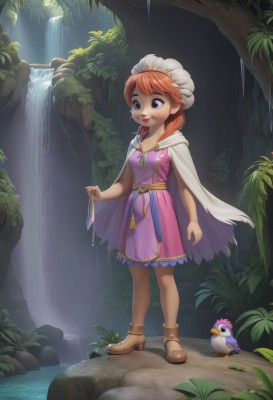 1girl,solo,breasts,smile,short hair,open mouth,brown hair,dress,holding,standing,full body,small breasts,outdoors,teeth,water,cape,orange hair,tree,bird,brown footwear,pink dress,nature,purple dress,forest,white cape,river,waterfall,blue eyes,hat,red hair,boots,black eyes,high heels,lips,duck