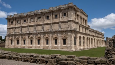 outdoors,sky,day,cloud,tree,blue sky,no humans,window,cloudy sky,grass,building,scenery,ruins,house,rock,path,arch,stone