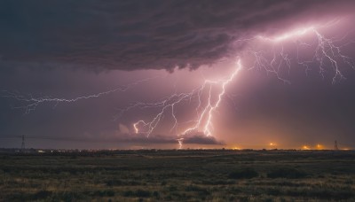 outdoors,sky,cloud,no humans,cloudy sky,grass,scenery,sunset,electricity,field,power lines,utility pole,lightning,landscape,hill,tree,night,fire,horizon,dark