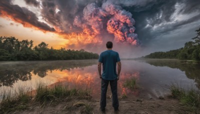 solo,short hair,shirt,black hair,1boy,standing,short sleeves,male focus,outdoors,sky,pants,cloud,water,from behind,tree,black pants,cloudy sky,grass,blue shirt,nature,scenery,forest,reflection,sunset,facing away,fire,landscape,lake