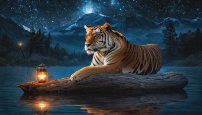 outdoors, sky, water, tree, no humans, night, animal, moon, star (sky), nature, night sky, scenery, full moon, forest, starry sky, reflection, lantern, mountain, watercraft, boat, tiger, lake