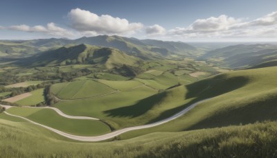 outdoors,sky,day,cloud,tree,blue sky,no humans,cloudy sky,grass,nature,scenery,forest,mountain,road,field,landscape,mountainous horizon,path,hill,ocean,building,horizon,river